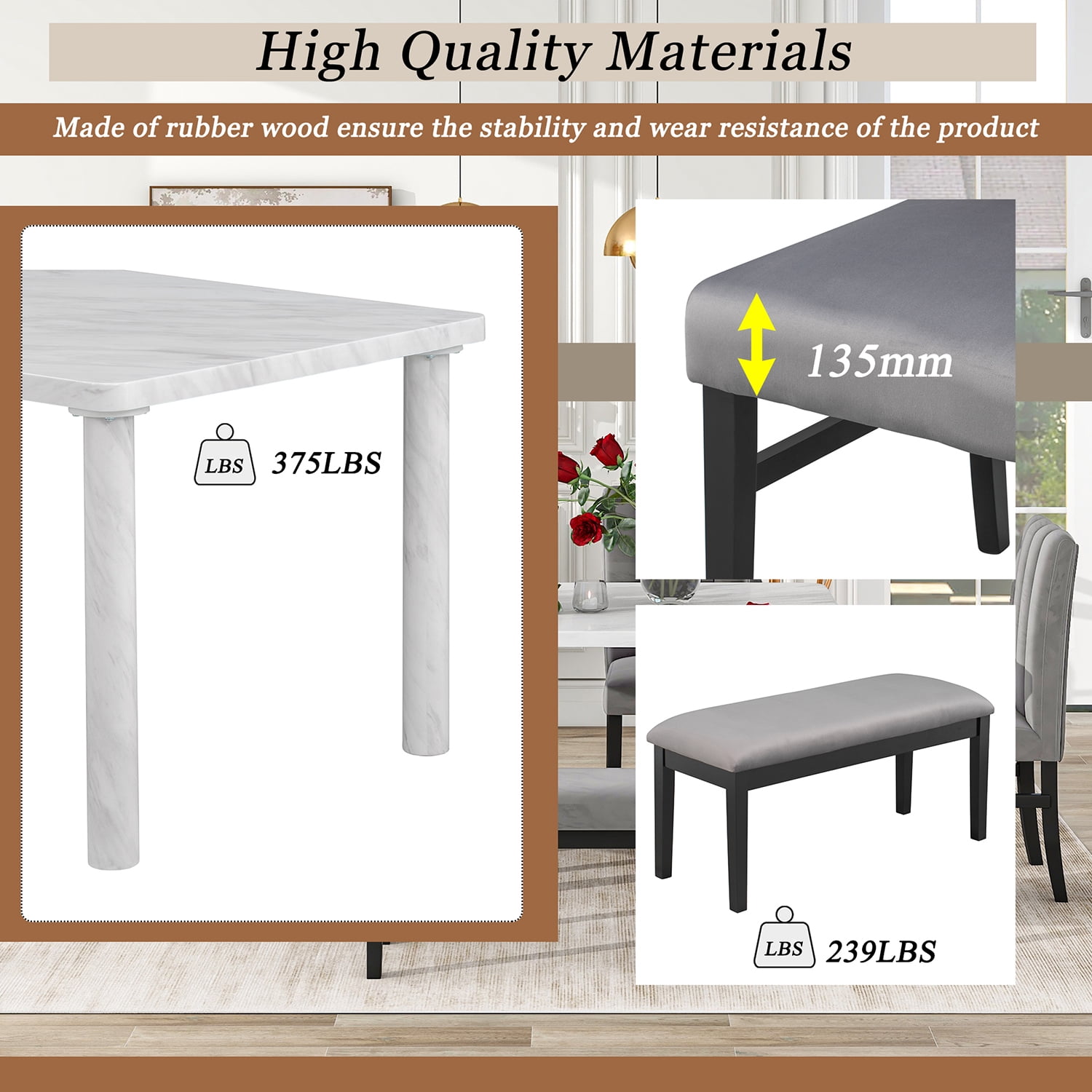 Kadyn 6-Piece Dining Table Set, Modern Home Dining Set with Marble Veneer Table and 4 Flannelette Upholstered Dining Chairs & Bench, Solid Wood Kitchen Table Set for Dining Room, White+Gray
