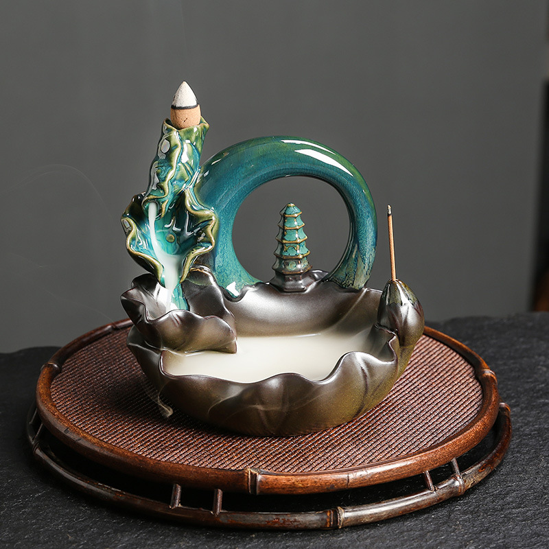Ceramic Lotus Backflow Incense Burner Creative Moon Shape Pagoda Smoke Incense Holder Home Crafts Decoration
