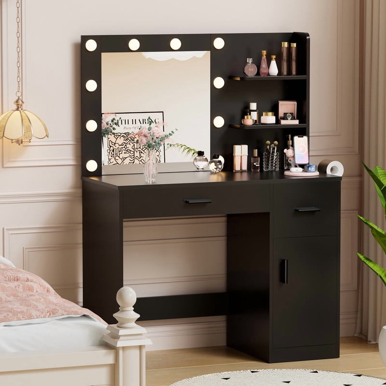 Homall Makeup Vanity Table with Lights, Mirror, Storage Cabinet, and Power Outlet for Bedroom and Dressing Room, Black