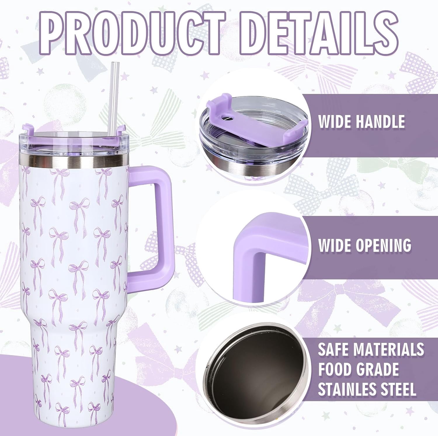 40oz Purple Bow Tumbler with Handle Straw and Lid Bow-Knot Travel Coffee Tumbler Cup for Women Friend Holiday Birthday