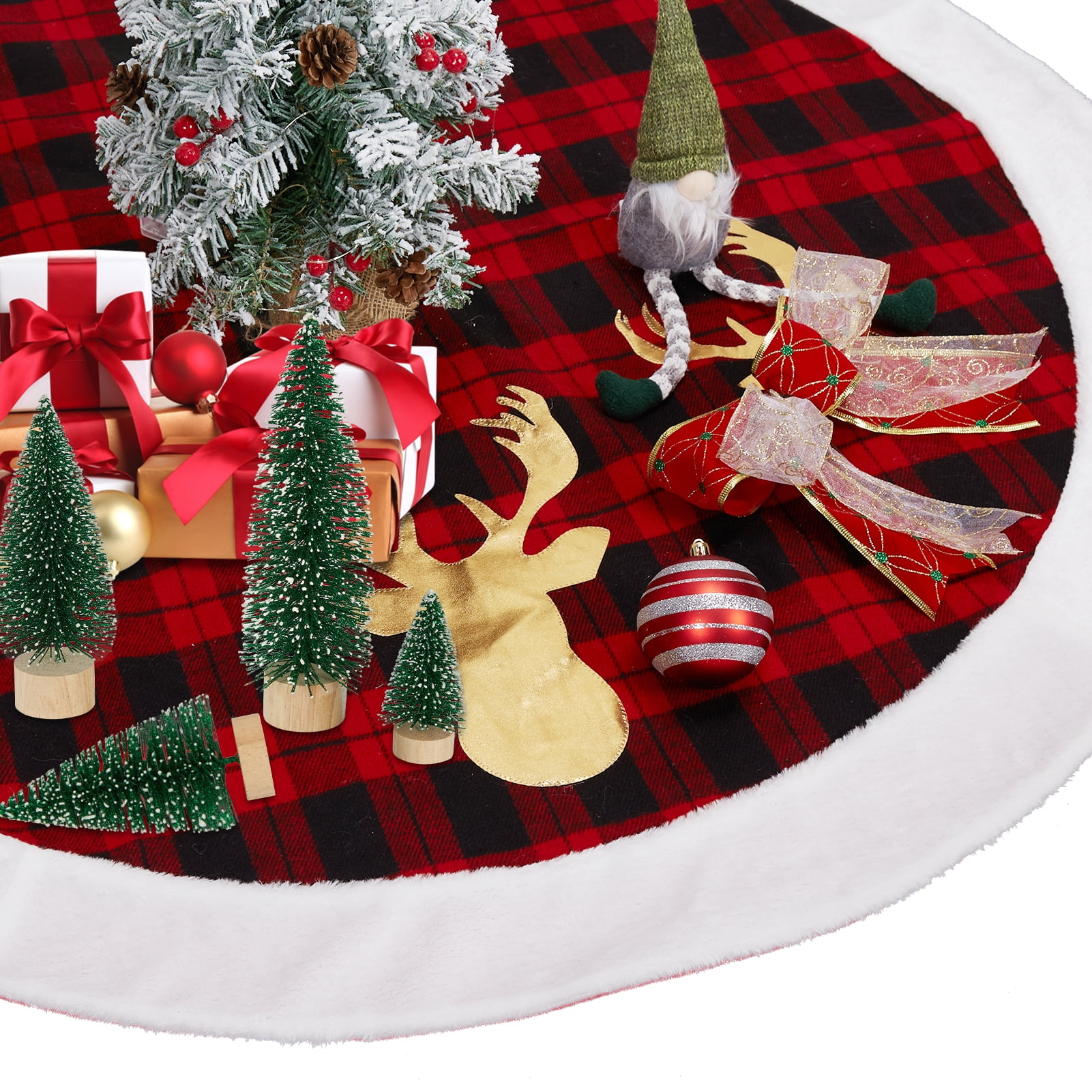 48 inch Christmas Tree Skirt, Red and White Tree Collar and Tree Mat with Faux Fur Christmas Tree (Red Black) - Walmart.com