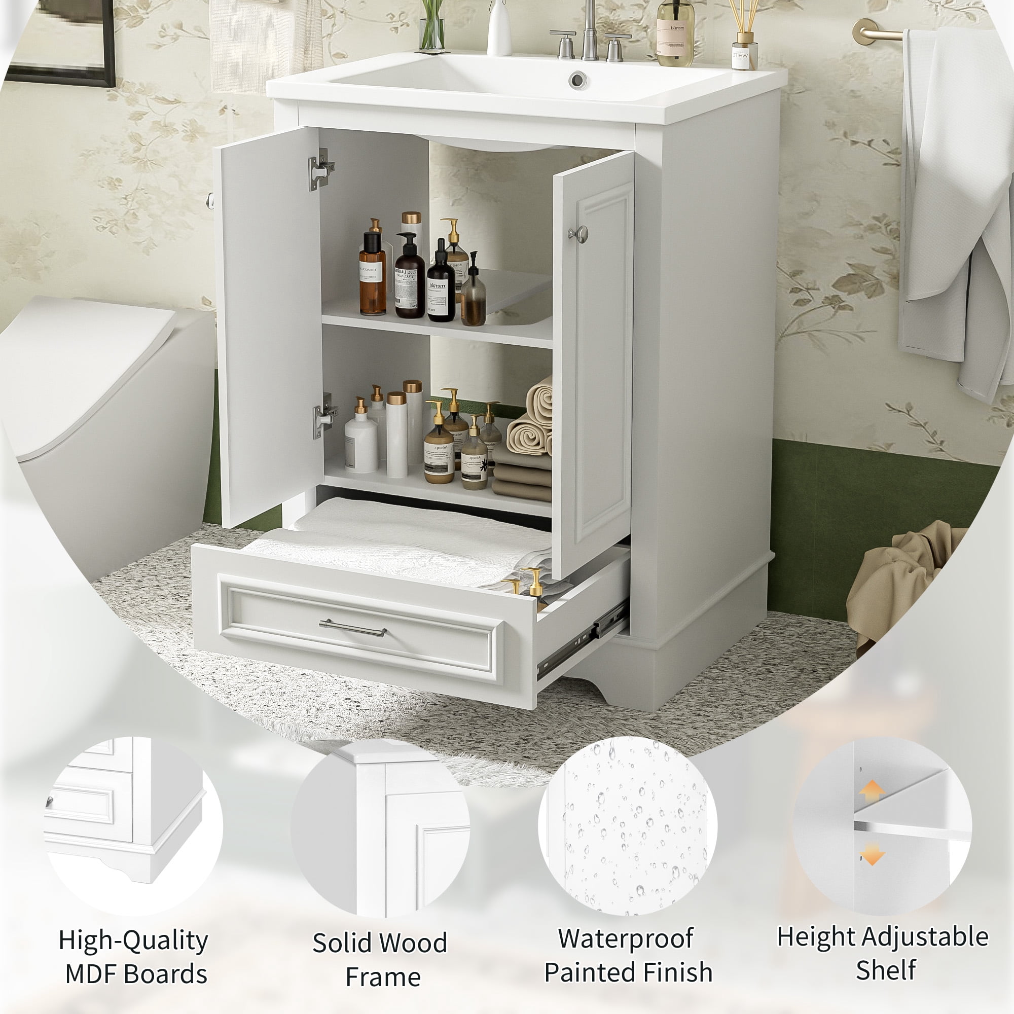 Homy Casa 24" Bathroom Vanity with Ceramic Sink, Soft-Close Doors and Drawer, White