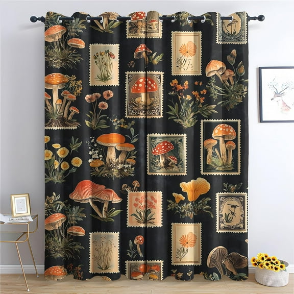 Woodland Mushroom Patterned Blackout Curtains for Bedroom, Living Room Decor, Room Darkening Thermal Insulated Grommet Drapes, Botanical Flower Window Treatments-42"W x 63"L (Pack of 2)