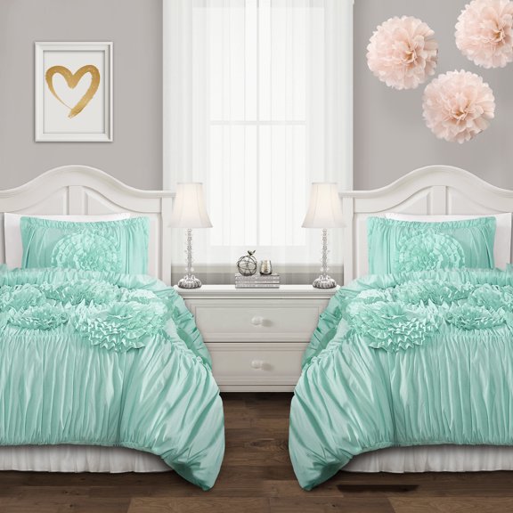 "Lush Decor Serena Textured Ruffle Detail Back To Campus Dorm Room Comforter, Twin-XL, Aqua, 2-Pc Set"