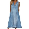 thumbnail image 3 of Women's Casual Denim Dress V Neck Sleeveless Jeans Button Down Midi Dress, 3 of 6