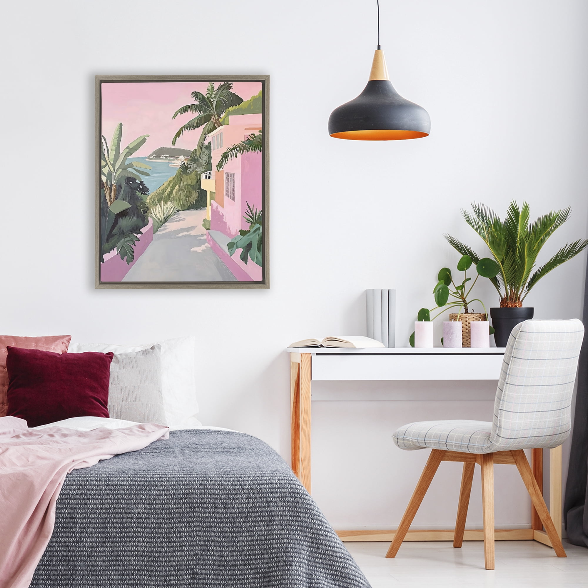 Stupell Industries Mediterranean Pink Coastal House Brown Framed Floater Canvas Wall Art, design by The Prints Vibe