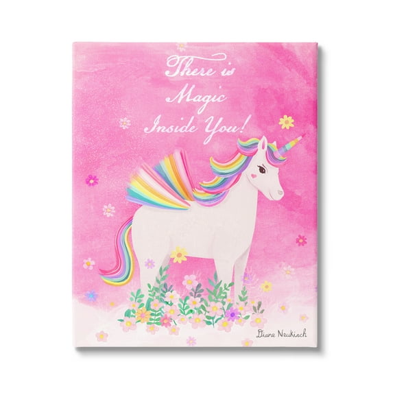 Stupell Industries Magic Inside You Motivational Unicorn Quote Botanical Blossoms Graphic Art Gallery Wrapped Canvas Print Wall Art, Design by Diane Neukirch