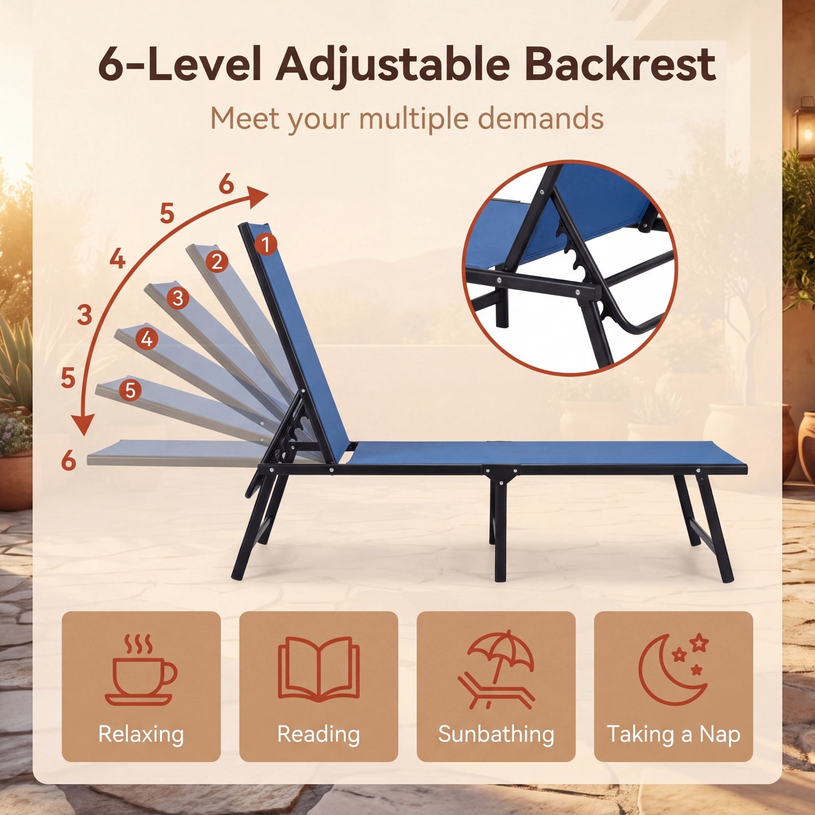 Furnibear 3 Piece Patio Chaise Lounge Set of 2 with Adjustable Backrest Aluminum Frame Breathable Seat and DPC Side Table for Poolside Yard, Navy