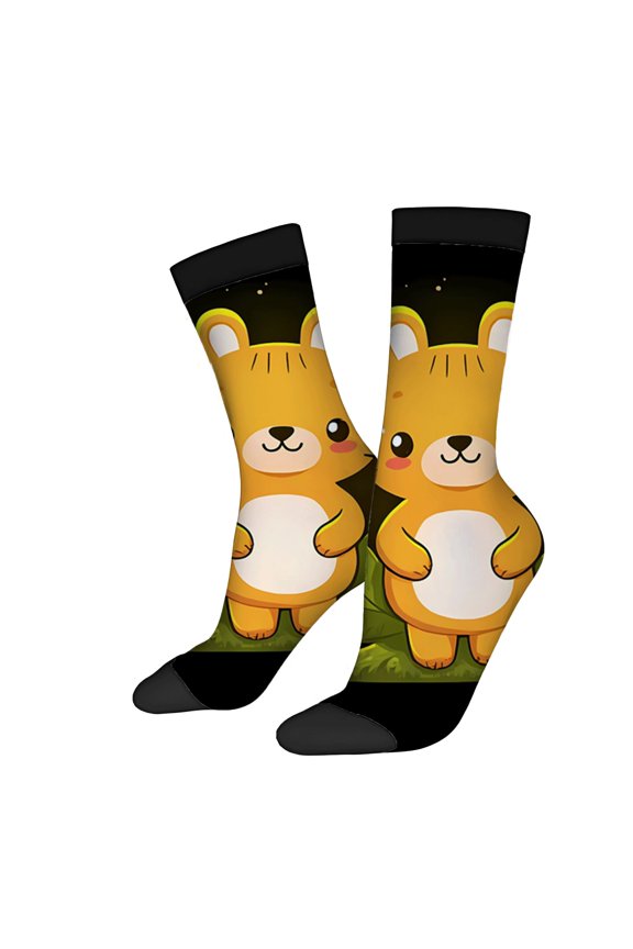 Unisex Trendy Cartoon Bear Socks - 2 Pairs Cheerful Bear Design with Stars Black Cuff & Green Base Perfect for All Seasons