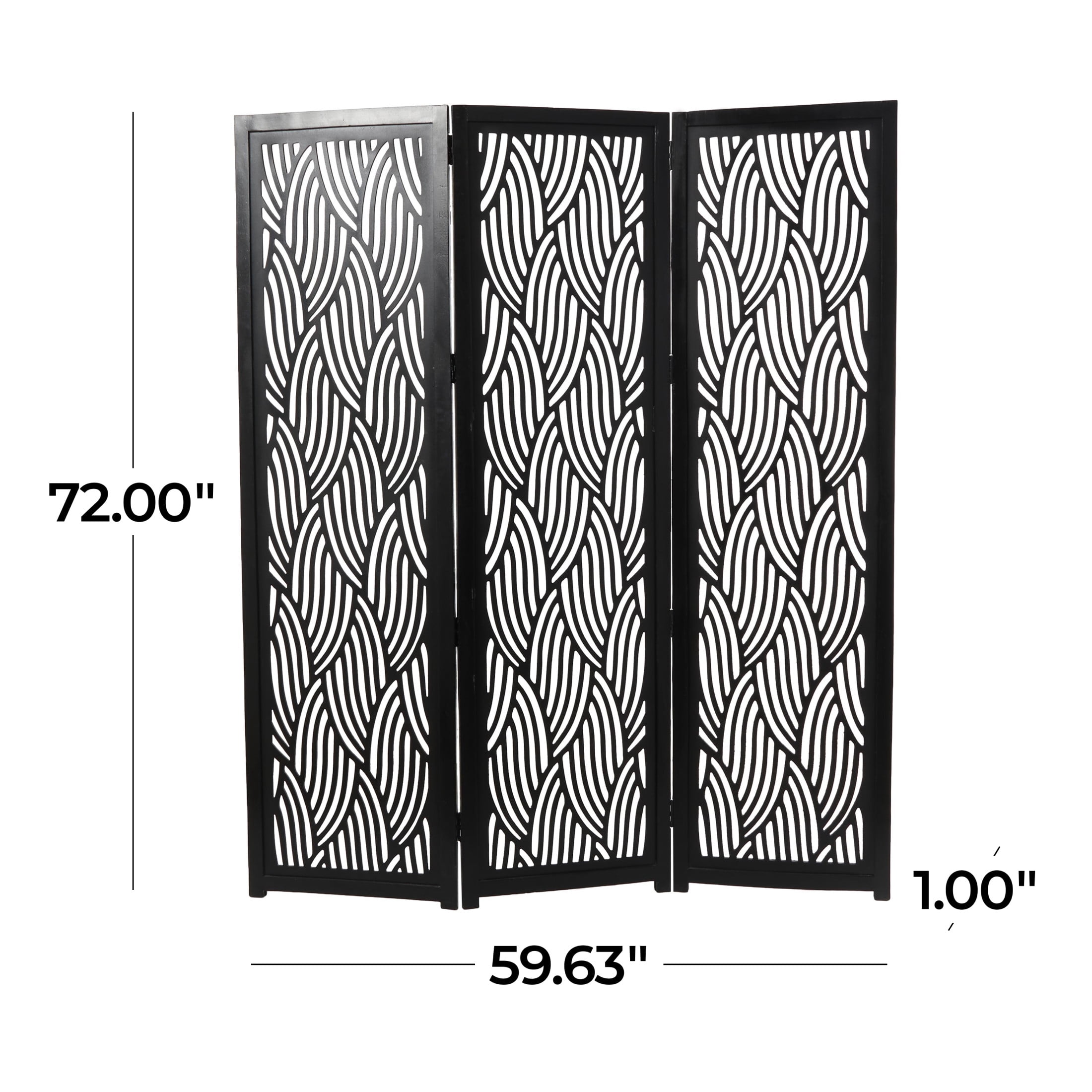 DecMode 60" x 72" Black Mango Wood Abstract Wavy Cutout 3 Panel Room Divider Screen, 1-Piece