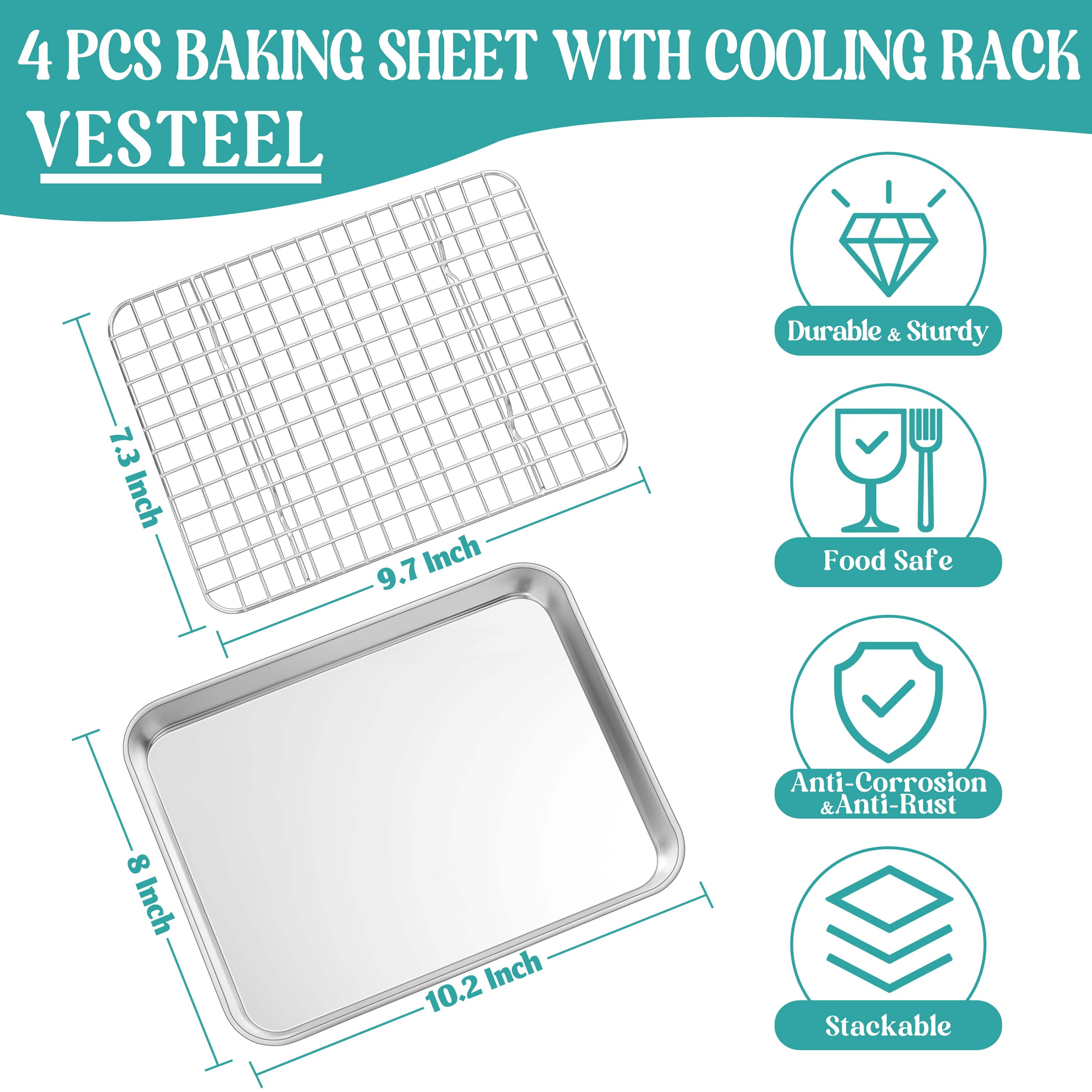 EMDMAK 4 Piece Baking Sheets with Cooling Rack Set, 10.5 x 8 x 1 Inch  Stainless Steel Cookie Sheet and Wire Rack for Baking, Dishwasher Safe