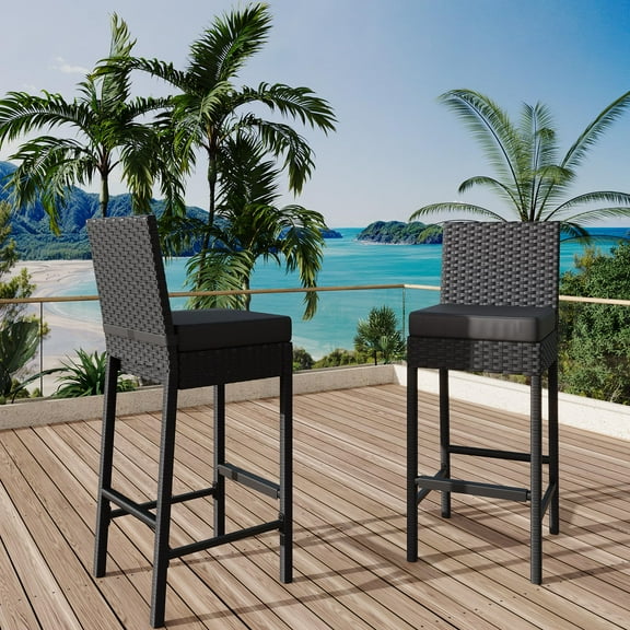 Studyset Patio Wicker Barstools With Cushions,Outdoor Wicker Bar Stool Set of 2,Patio Chairs Outdoor Rattan Bar Height Stool Set Armless for Garden Pool Lawn Backyard