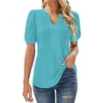 thumbnail image 2 of Sweet Home Farm V Neck T Shirts for Women Tops Puff Short Sleeve Shirt Pleated Floral Printed Tunic Blouse Short Sleeve Shirts for Women Sky Blue, 2 of 9