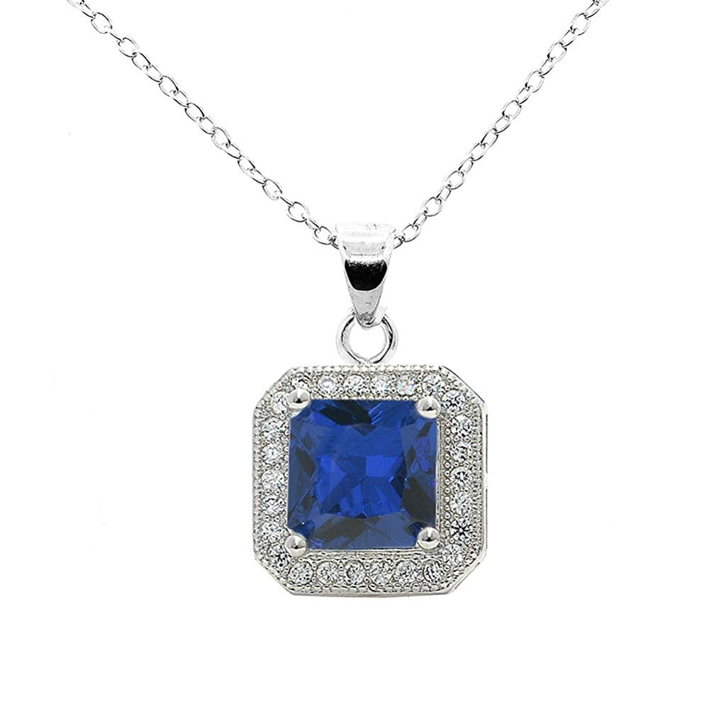 Londyn 18k White Gold Princess Blue Sapphire Gemstone CZ Halo Pendant ...
