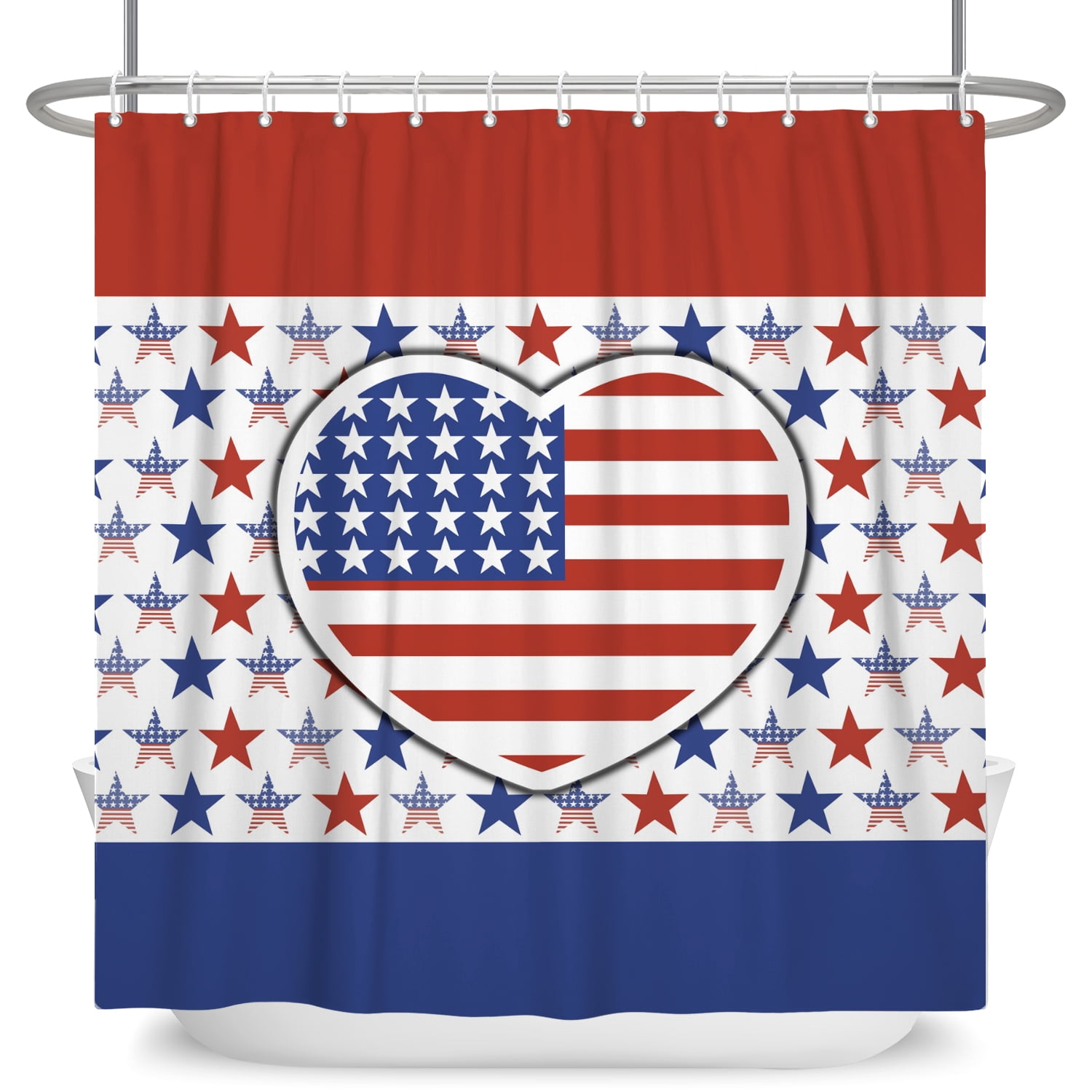 SUNOLIFE 4th of July Shower Curtain,Patriotic Independence Day Fabric Bathroom Curtain with Hooks,72x72 in