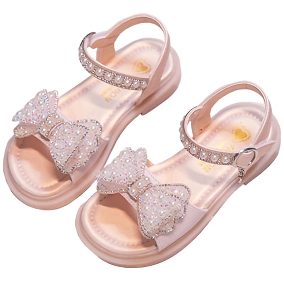 Abomasnow Girls Open Toe Sparkling Rhinestone Bow Decor Ankle Buckle Sandals Soft Rubber Flat Summer Shoes for Party Wedding Daily Beach Outdoor Walking