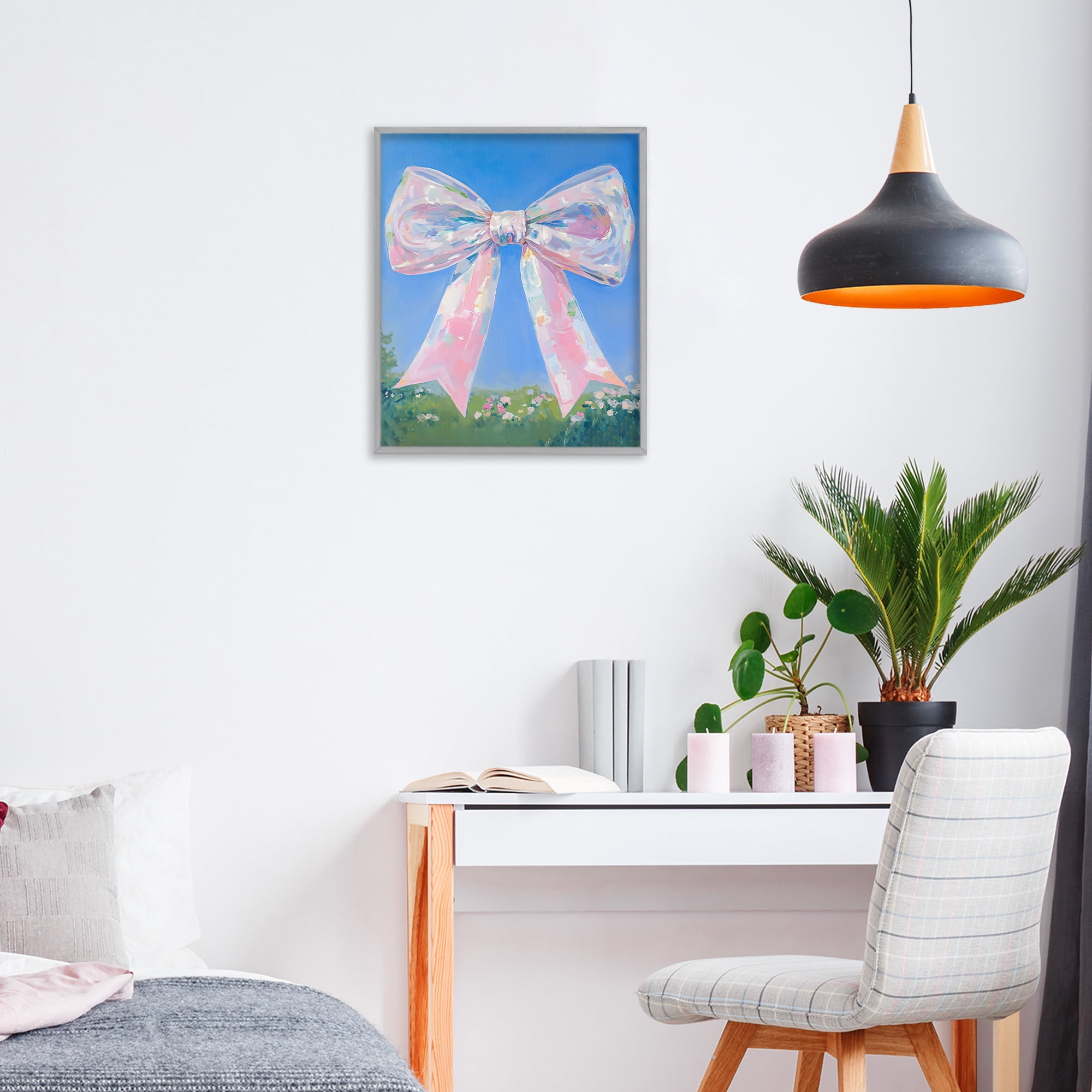 Stupell Industries Iridescent Pink Bow in Meadow Gray Framed Giclee Art, design by The Prints Vibe