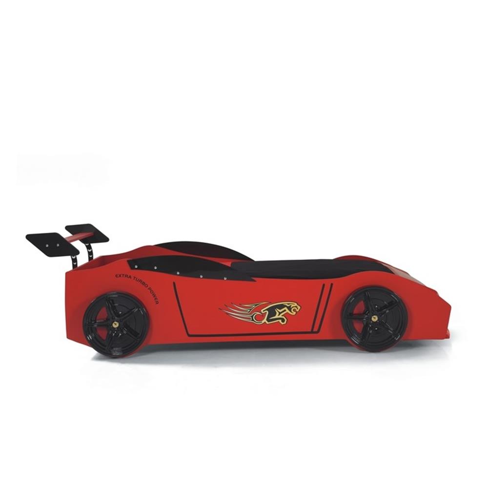 Pemberly Row Modern Woody Twin Race Car Bed with LED Headlights in Red