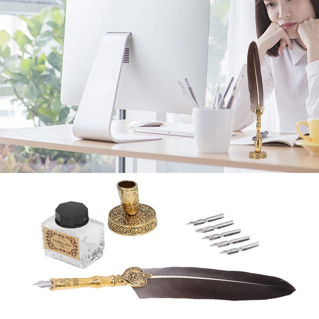 Quill Feather Pen, Wear Feather Quill Stainless Steel Nib With 1 Base 5 Nibs For Calligraphy Practice For Gifts