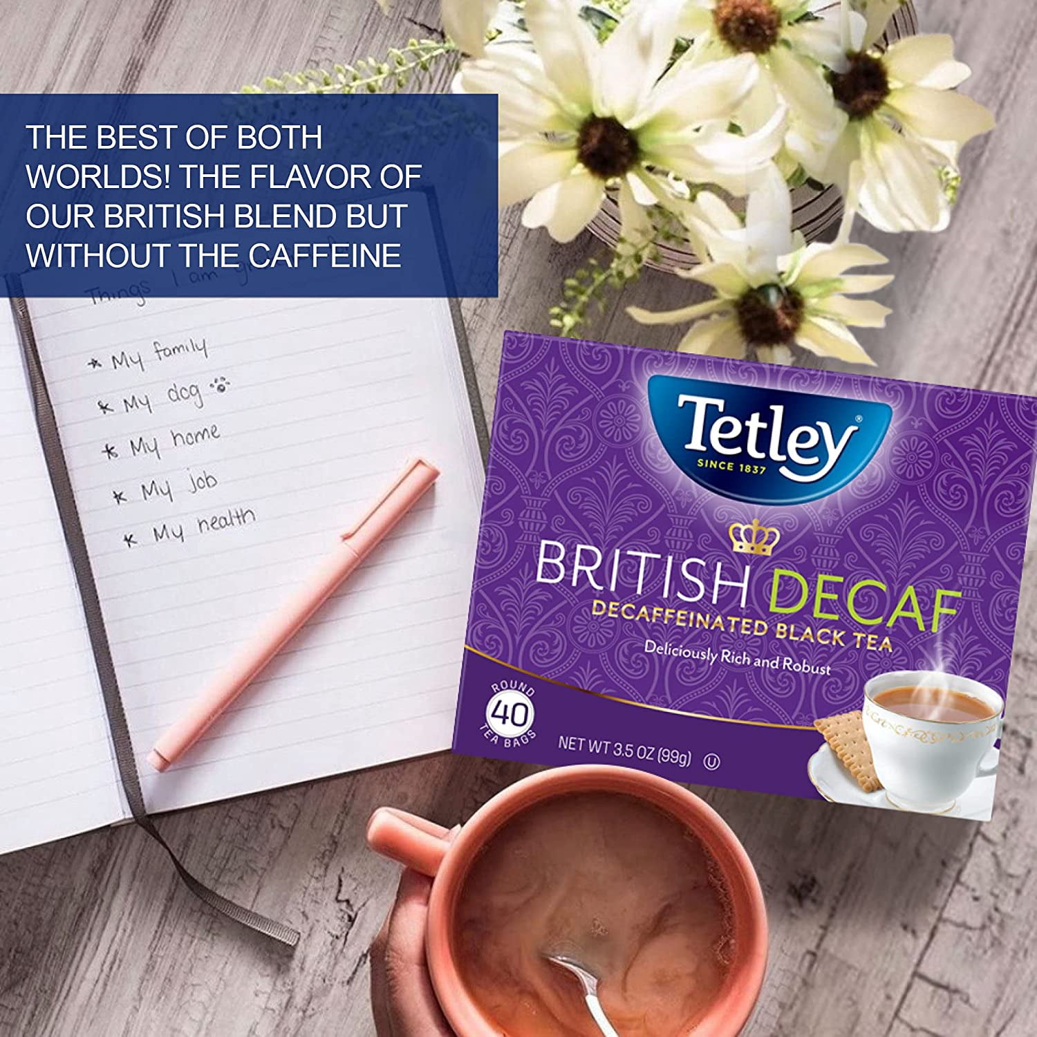 Tetley British Blend Premium Decaf Black Tea, Decaffeinated Tea, 40 Tea Bags (Pack of 6), Rainforest Alliance Certified