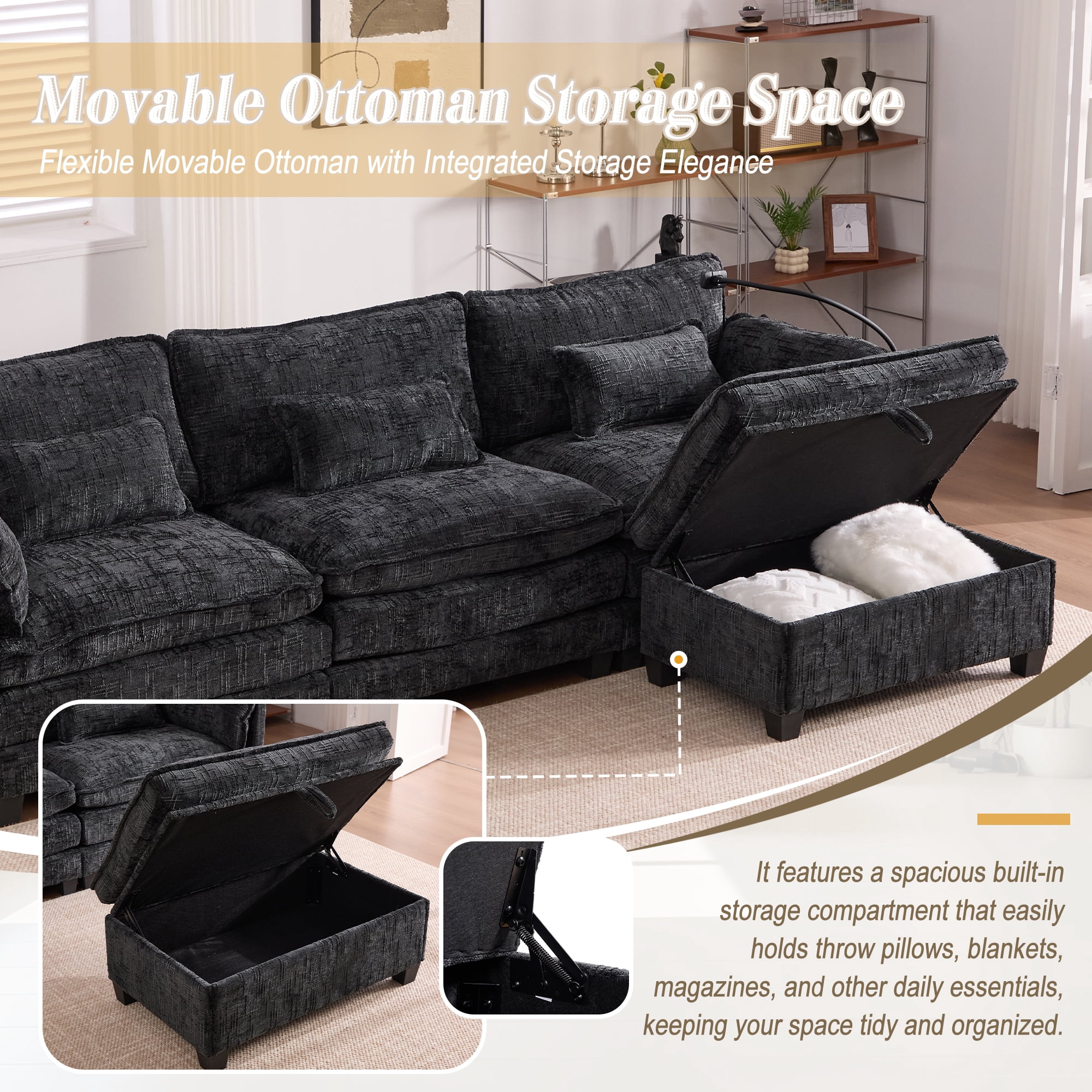 MOONMISS Chenille Upholstered L-shaped Modular Sectional Sleeper Sofa with Movable Storage Ottoman,USB&TYPE-C-Black
