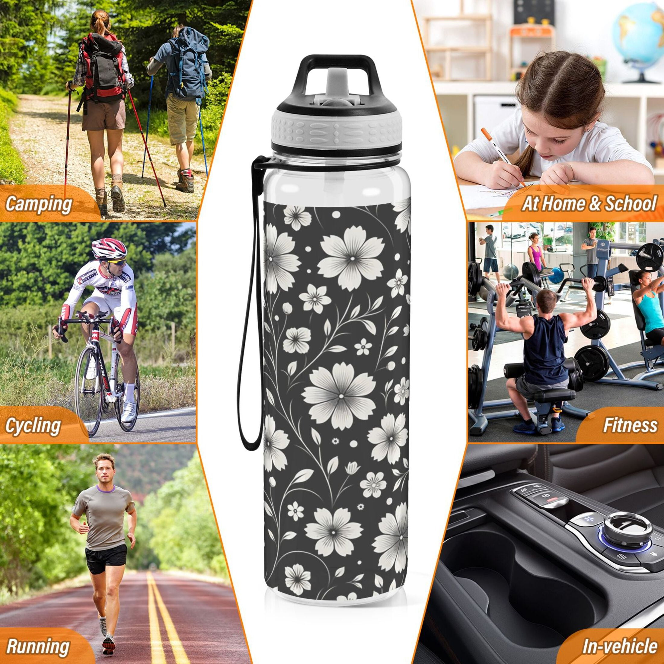 Retro White and Black Flowers Sports Water Bottle 32oz with Straw for Kids Travel Mug BPA Free Leak Proof for School