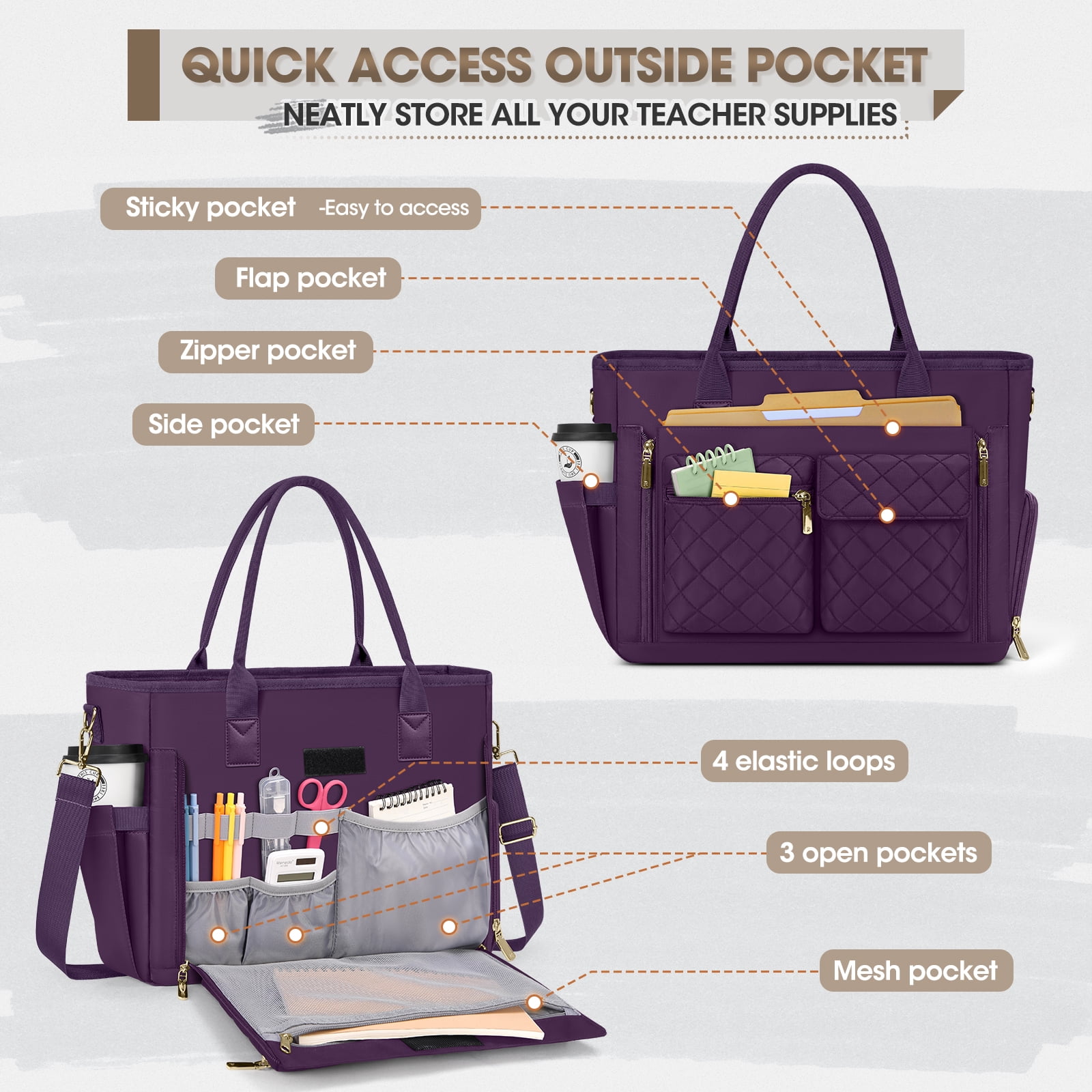 RAINSMORE Teacher Tote Bag with Insulated Lunch Compartment Lightweight 15.6 inch Laptop Bag for Women Work Bags Nurse Tote Bags,DarkPurple