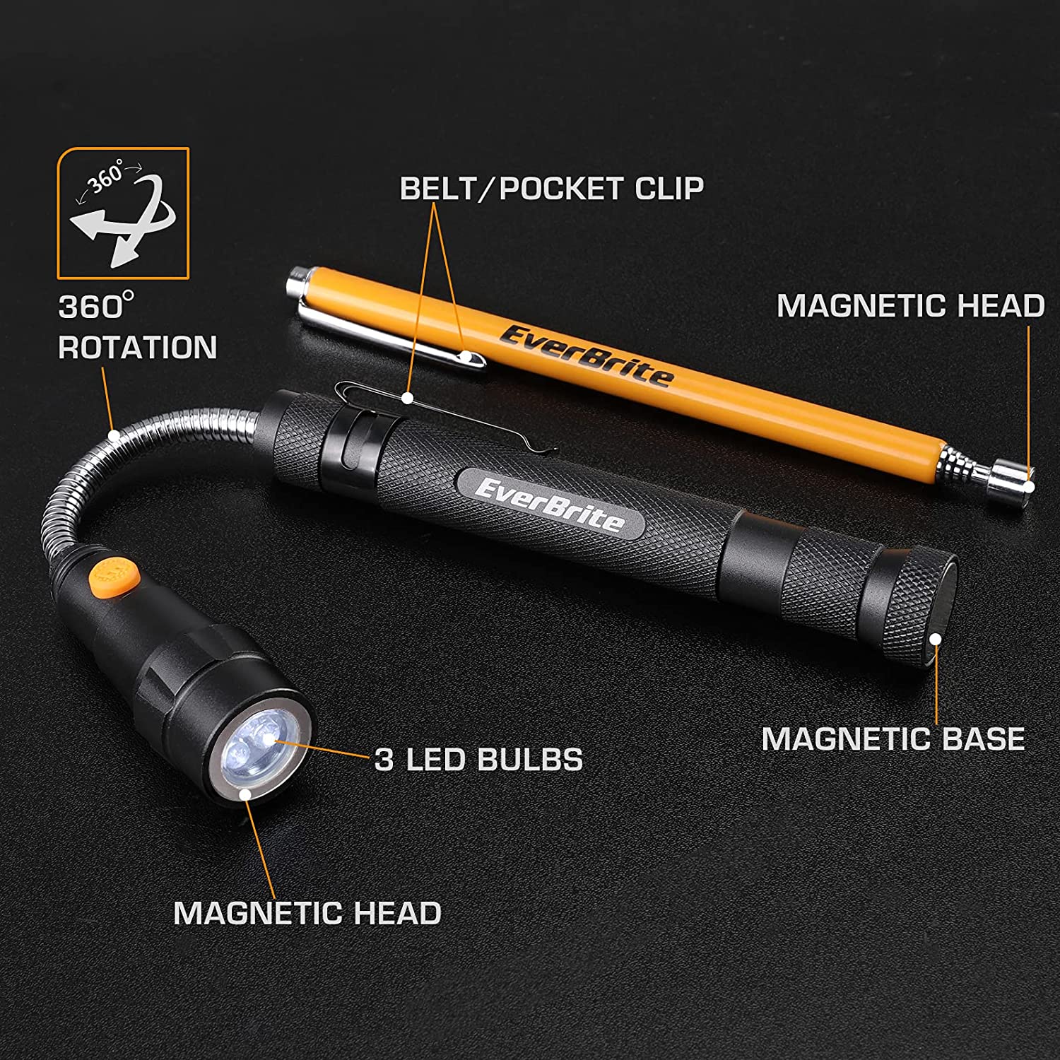 Set de Herramientas Magnéticas EverBrite de 2 Piezas, Imán Extensible con Giro de 360° y Luz LED, Herramienta Práctica para Hogar, Garaje y Taller 2