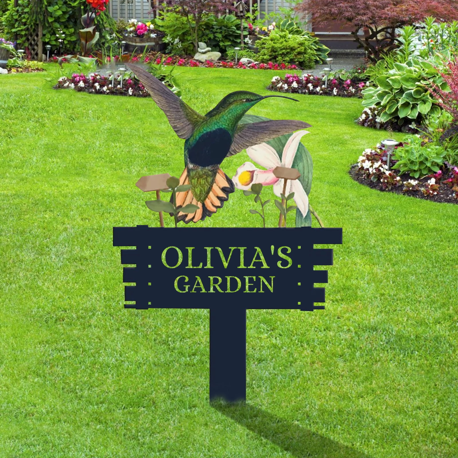 Personalized Humming Bird Flowers Garden Sign, Custom Metal Garden Signs for Outside, Custom Colorful Bird Garden Decor Art Yard Signs with Stakes, Custom Metal Name Sign Gift for Gardeners(10inches)