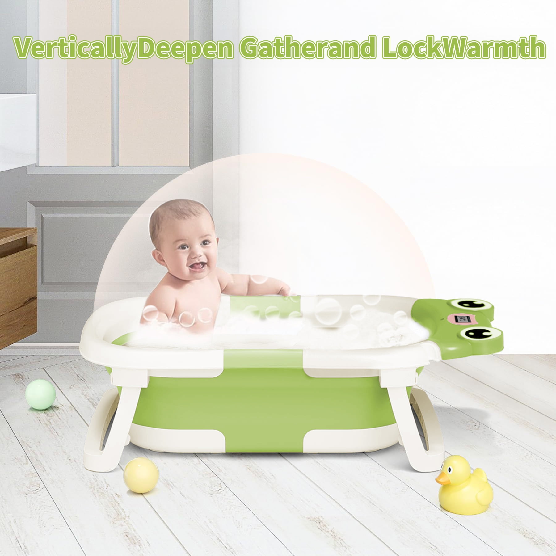 Babyomi Baby Bathtub Portable Baby Tub with Cute Bear Thermometer and Showerhead Holder, Bath Tub Thermostatic Drain Plug and No-Slip Feet Design to Newborn, Green