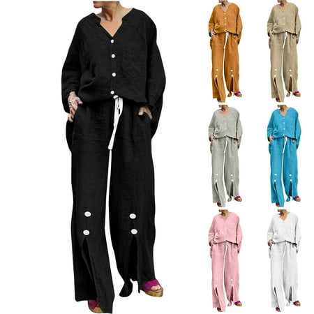 Feancey Trendy 2 Piece Sets for Women Cotton Linen Casual Summer Two Piece Loose Button Long Sleeve Henley Shirt and Slit Pants Matching Set Flash Clearance Sale White XXL