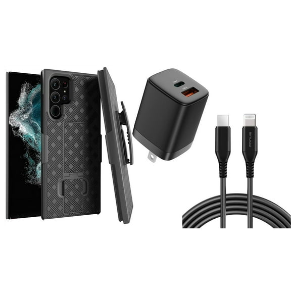 Belt Clip Case and Fast Home Charger Combo for Samsung Galaxy S22 Ultra - Swivel Holster PD Type-C Power Adapter 6ft Long USB-C Cable Kickstand Cover 2-Port Quick Charge