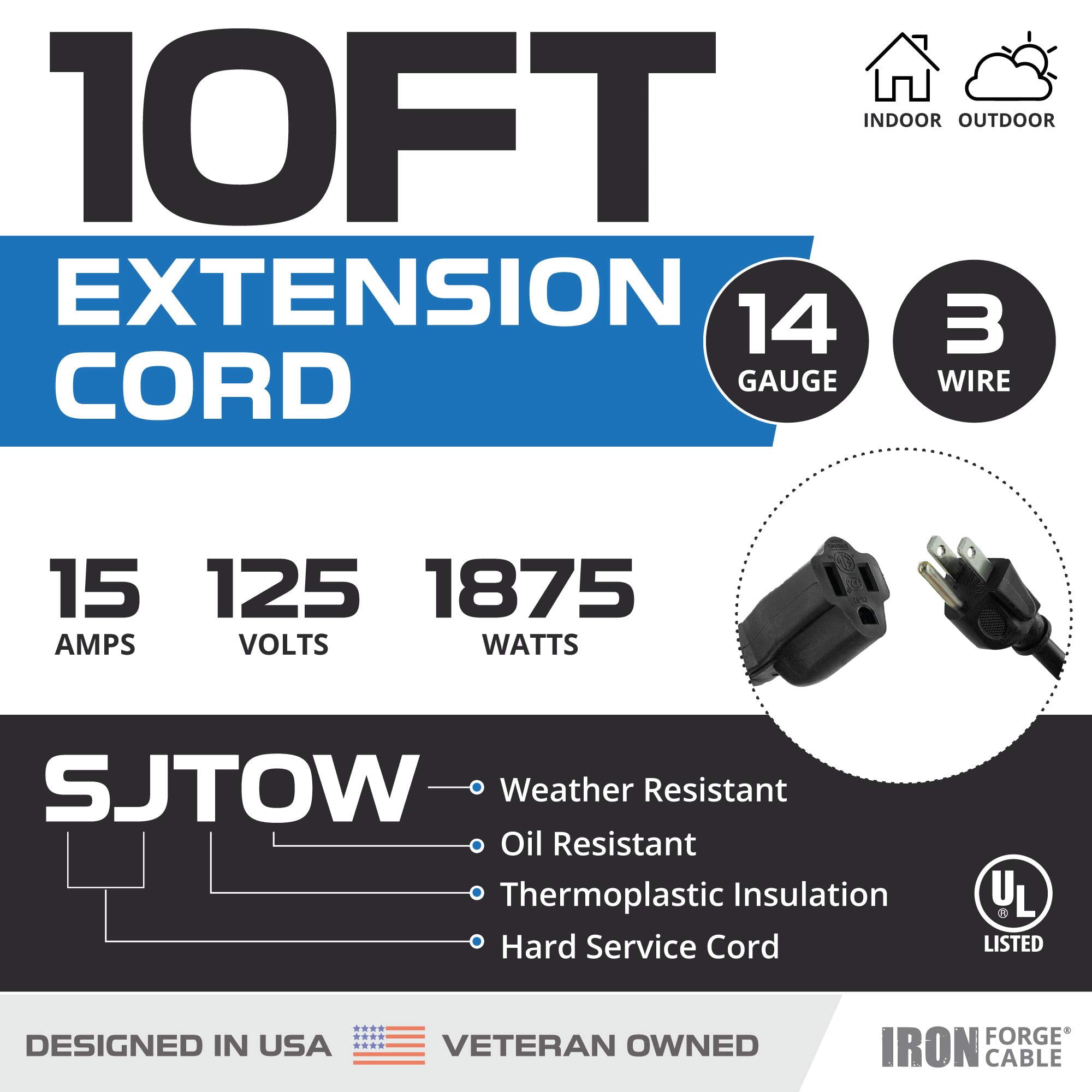 Iron Forge Cable 14 Gauge Outdoor Extension Cord 10 Ft, SJTOW 14/3 Heavy Duty Black Extension Cord 3 Prong, Oil Resistant & Flame Retardant