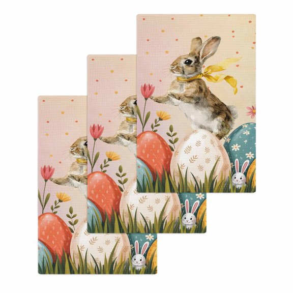 Easter Bunny Eggs Kitchen Dish Towels for Drying Dishes Set of 3, Spring Tulip Flowers Leaves Country Plants Waffle Weave Microfiber Hand Tea Bathroom Towels Quick Dry & Absorbent Towel 15.7x23.6