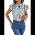 thumbnail image 2 of Blusas Bohemias de con Cuello Alto, Corta con Volantes y Estampado Floral para Mujer, Estilo Informal, Elegante, de Verano 2025. Azul S, 2 of 7