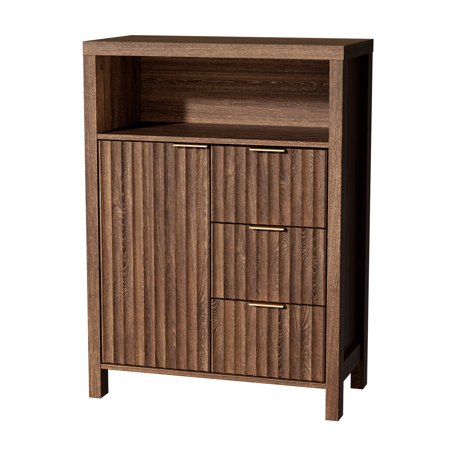 Ktaxon Fluted MDF Bathroom Floor Cabinet with Grille Single Door and Three Drawers, Walnut