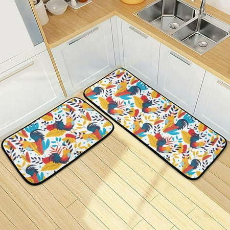 

Bestwell Unique Colorful Rooster Kitchen Rugs 2 Pieces Autumn Leaves Floor Mat Room Area Rug Washable Carpet Perfect for Living Room Bedroom Entryway
