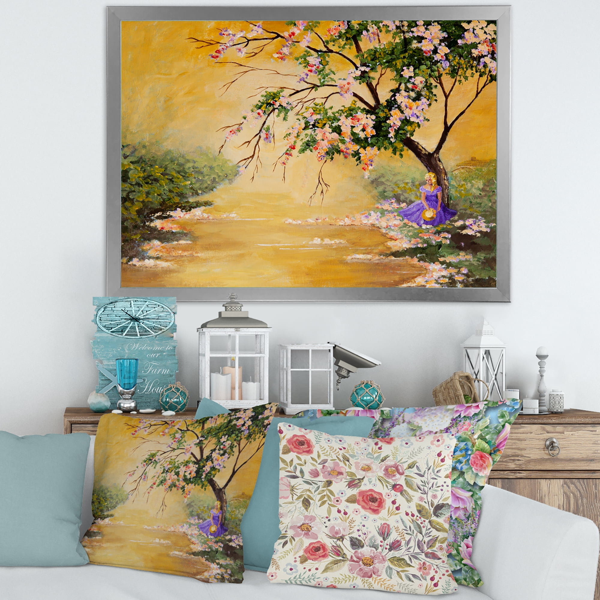 Beautiful Girl Standing By The Flowering Tree 32 in x 24 in Framed Painting Canvas Art Print, by Designart
