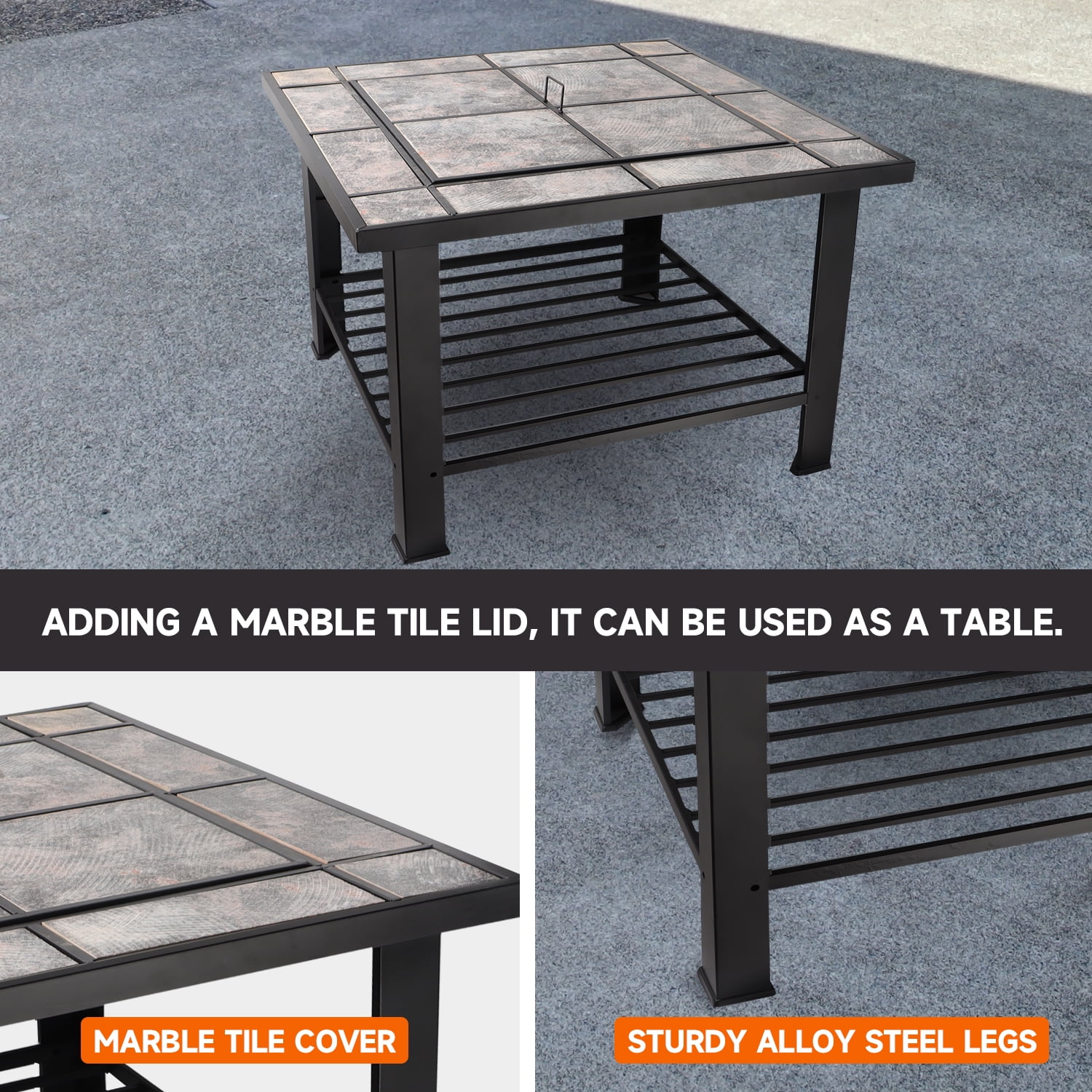 30" Square Bonfire Wood Burning Fire Pit Table with Spark Screen Cover, Log Grate, Waterproof Cover and Fire Poker for Outdoor Backyard, Garden, Bonfire
