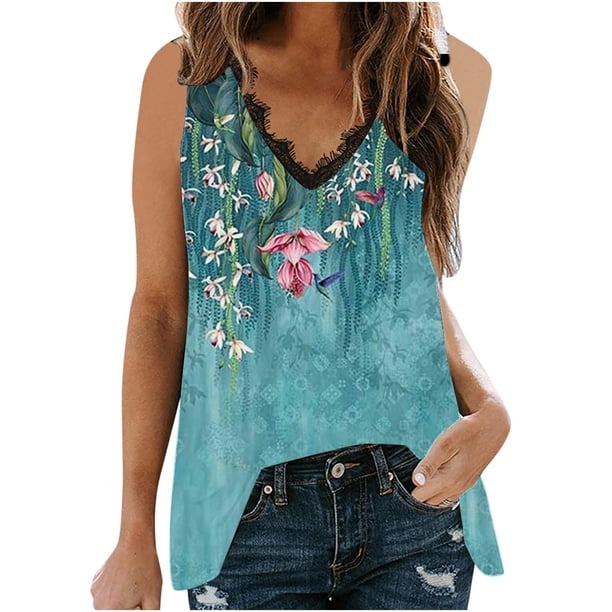 Blusa sin mangas con estampado de día de la independencia de patchwork de encaje con cuello en V de verano para mujer Pompotops lopia999055