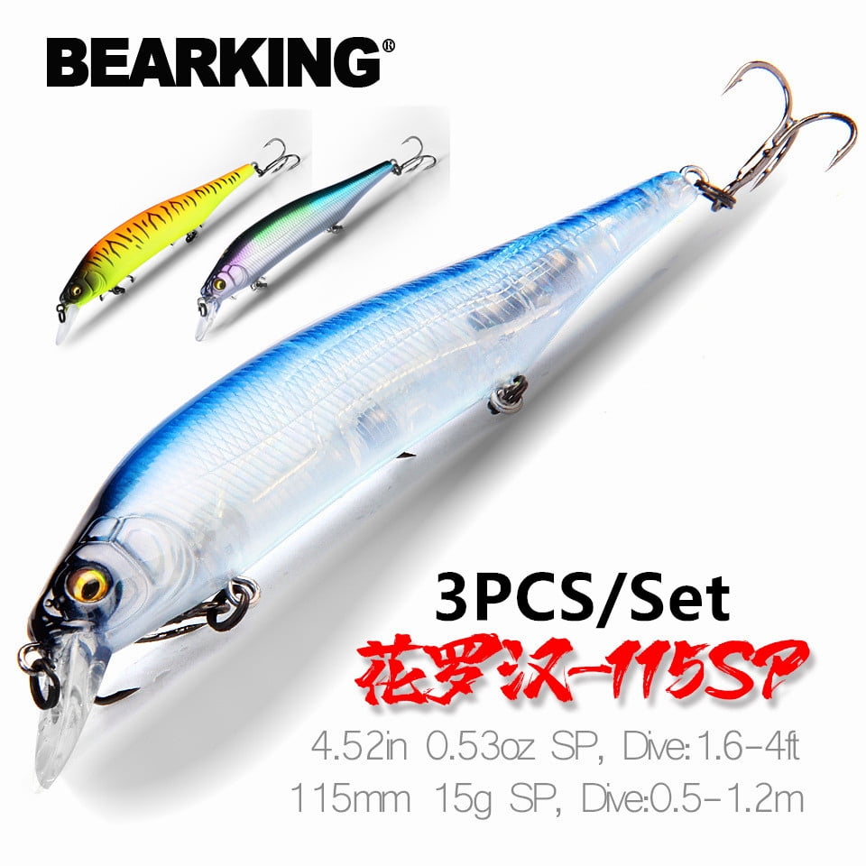 3PCS BEARKING 115mm 15g  Weight System Top Fishing Lures Minnow Crank Wobbler Quality Fishing Tackle Hooks For Fishing