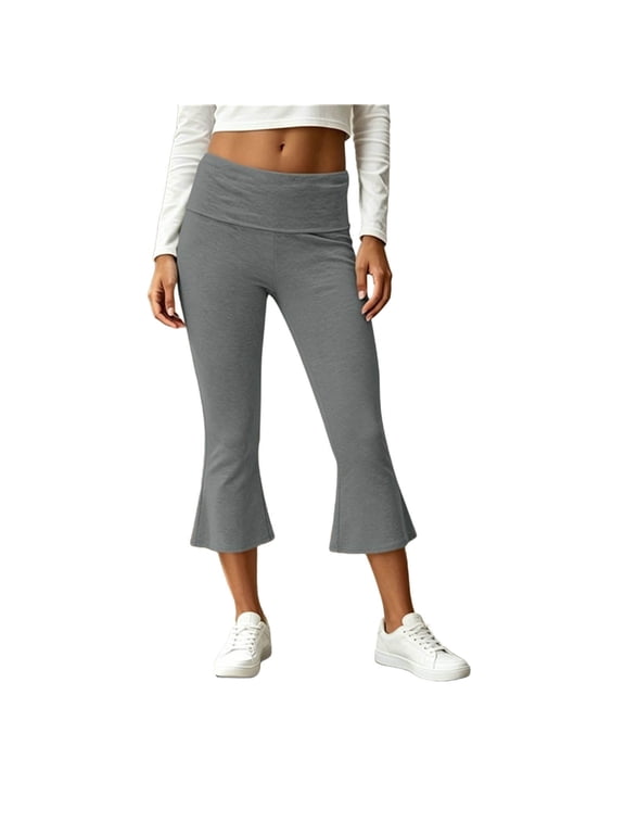 Women Fold Over Waist Flared Capris High Rise Slim Bootcut Cut For Yoga Sessions And Neighborhood Walking Time Gray S
