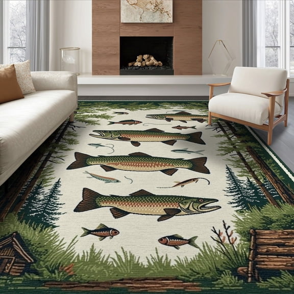 ODIKA 8'x10' Washable Area Rug Non-Slip Chair-Friendly Mat Fish Fishing Bass Lake Vintage Lure Cabin Motif Tackle Border for Dining Room, Large Office, Lounge