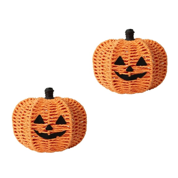 RGI Home Decorative Woven Pumpkins for Fall and Halloween Decor, Orange Paper Cord, Set of 2