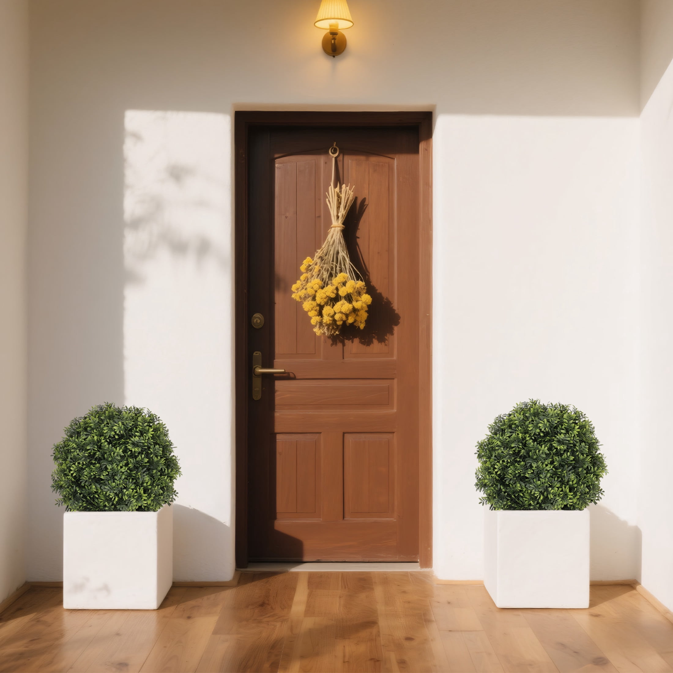 Noble House 1.8FT Artificial Boxwood Ball Trees, Faux Shrubs in Black Pots for Porch, Patio, Entryway, Green, Set of 2