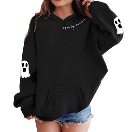 Confree Girl S Sweatshirt Hallowmas Print Long Sleeve Pullover Tops Spring Autumn Dailywear Soft Casual For Girls Sweatshirts Size 6-7 Years Black