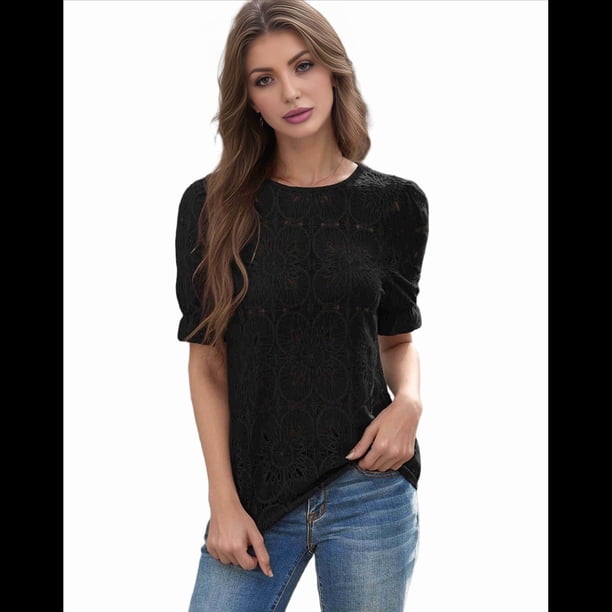 Blusa de Verano para Mujer, con Ojales, Encaje de Crochet, Bordada, Corta, Abullonada, Negra, Talla M