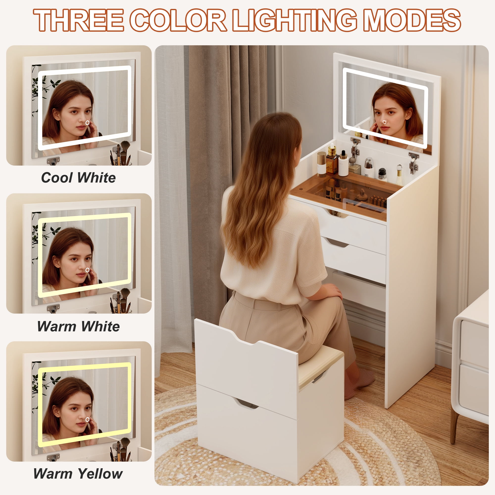 Homy Casa Vanity Table & Bench Set with Flip-Up LED Mirror, Storage Stool, White