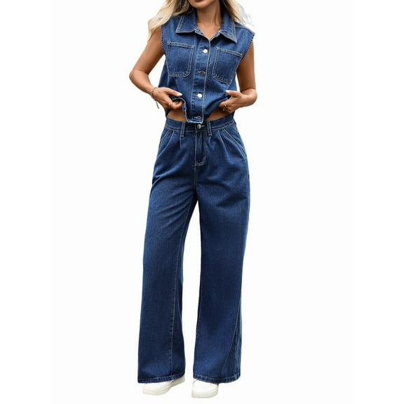 Women'S Denim Jumpsuit Sleeveless Button Down Tank Top Flared Wide Leg Bell Bottom Jeans Overalls Blue M