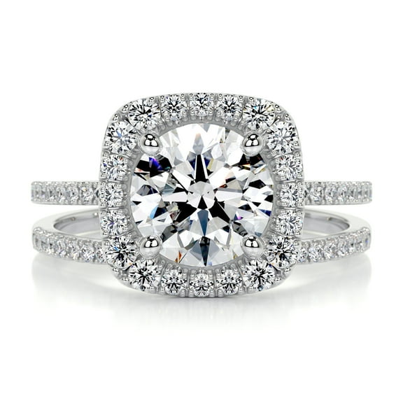 First Jewel 1.8 Ct Round Cut Halo Two Eternity Band Diamond Rings - Prong Set Lab-Created Simulated Diamond - Stunning 14K White Gold Over Engagement Rings - Perfect for Gift and Special Events